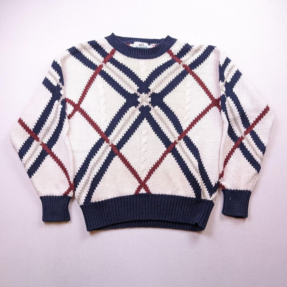 Vintage Van Heusen Heavyweight Cotton Plaid Stripe Sweater Size Medium